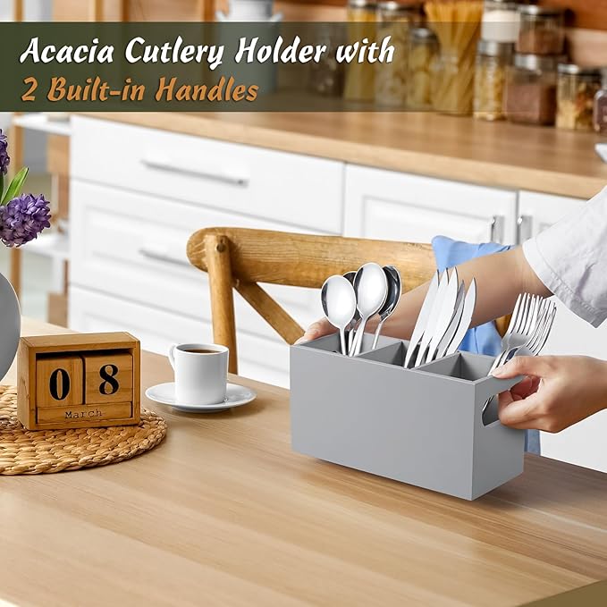 DRASTAR Wooden Silverware Caddy, Flatware Cutlery Holder, Kitchen Utensil Holder for Countertop, Silverware Organizer Containers for Party, Gray - Image 2
