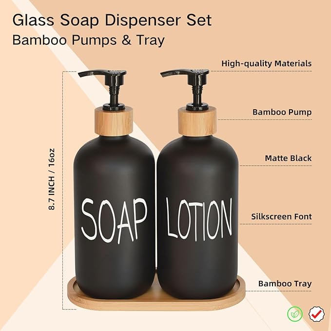 Black Soap Dispenser Bathroom Set, Set with Glass Dispenser, Bamboo Pumps & Tray. Hand and Lotion Suitable for Farmhouse Decor - Image 2