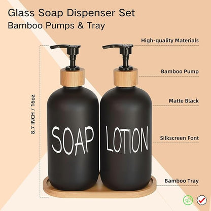 Black Soap Dispenser Bathroom Set, Set with Glass Dispenser, Bamboo Pumps & Tray. Hand and Lotion Suitable for Farmhouse Decor - Image 2