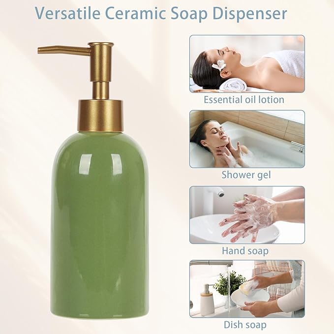 Natheeph 14OZ Ceramic Soap Dispenser Ceramic Soap Pump Dispenser Can Fill Liquid for Bathroom/Kitchen (Green) - Image 8