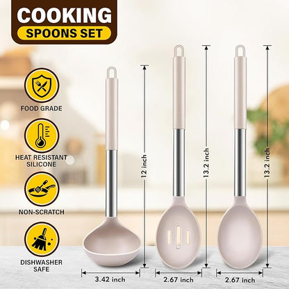 3Pcs Silicone Cooking Spoon Set, Kitchen Utensils Include Solid & Slotted Spoon, Soup Ladle, Food-Grade Heat Resistant 446°F, Non-Scratch Spoons for Serving, Stirring, Draining, Dishwasher Safe, Khaki - Image 2