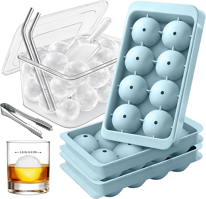 1.8in Large Ice Cube Molds - Big Round Whiskey Plastic Ice Trays for Freezer with Bucket, Scoop, Tongs, 2 Straws - Easy to Fill & Release, Bourbon Cocktail (3 pack, 8 Balls) by CozyKitchenEssentials