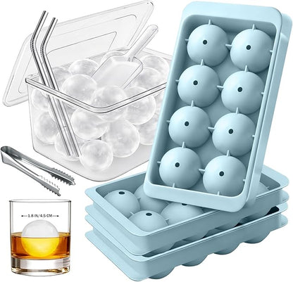 1.8in Large Ice Cube Molds - Big Round Whiskey Plastic Ice Trays for Freezer with Bucket, Scoop, Tongs, 2 Straws - Easy to Fill & Release, Bourbon Cocktail (3 pack, 8 Balls) by CozyKitchenEssentials
