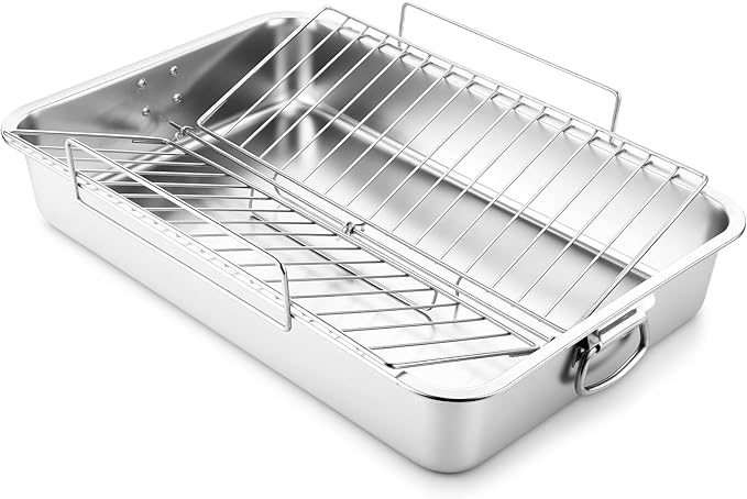 Teenyyou Extra Large Stainless Steel Turkey Roaster with Racks 23.6 * 15.7in Turkey Roaster Pot, with Stainless Steel Detachable Rack Suitable for Poultry, Chicken, Ham, Vegetable