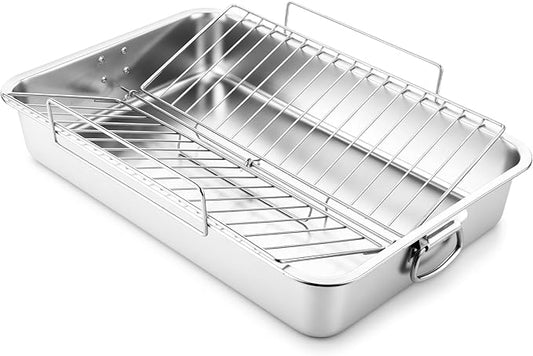 Teenyyou Extra Large Stainless Steel Turkey Roaster with Racks 23.6 * 15.7in Turkey Roaster Pot, with Stainless Steel Detachable Rack Suitable for Poultry, Chicken, Ham, Vegetable