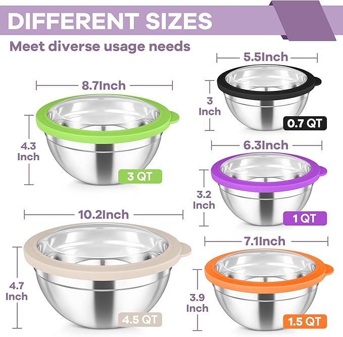 TeamFar Mixing Bowl Set, 4.5/3/1.5/1/0.7 QT Stainless Steel Nesting Salad Bowls with Visible Lids, For Serving/Mixing/Storing, Non-Toxic & Heavy Duty, Airtight & Easy Clean, Multi-Color, Set of 5 - Image 2