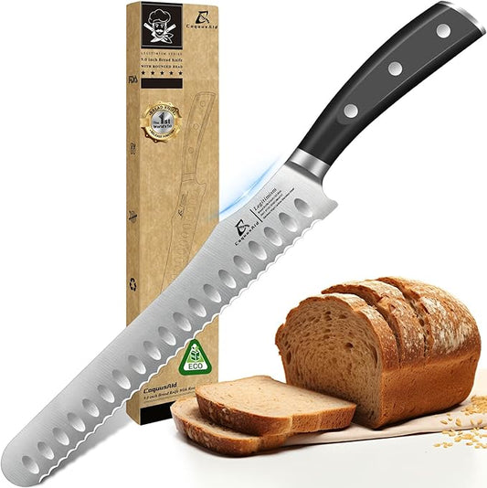 CoquusAid Bread Knife for Homemade Bread, 9 Inch Multifunction Serrated Knife, Razor Sharp Slicer, High Carbon German Steel Bread Cutter, Ergonomic Handle Design for Sourdough Turkey Fruit Cutting