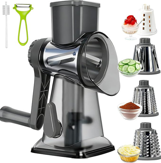 KalraMay Cheese Grater,Rotary Cheese Grater with Handle, Multifunctional Rotary Cheese Shredder Effortlessly Grates Cheese, Vegetables, and Fruits (Gray)