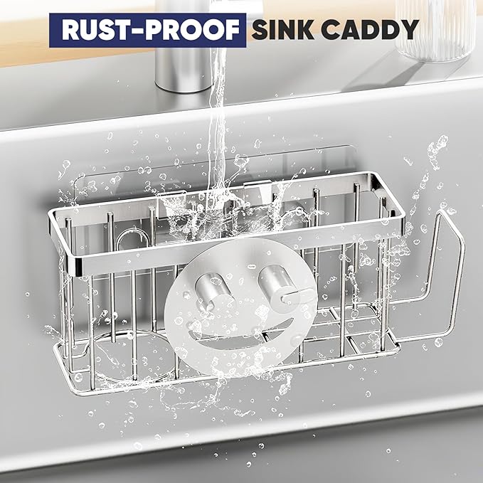 MURLONG Sponge Holder for Kitchen Sink,Sink Caddy Smiley Face,4-in-1 Sponge Holder with Suction Cups & 1 PCS Adhesive Strips for Holding Soap,Brush,Scrubber,Sponge,Stopper-Silver - Image 7