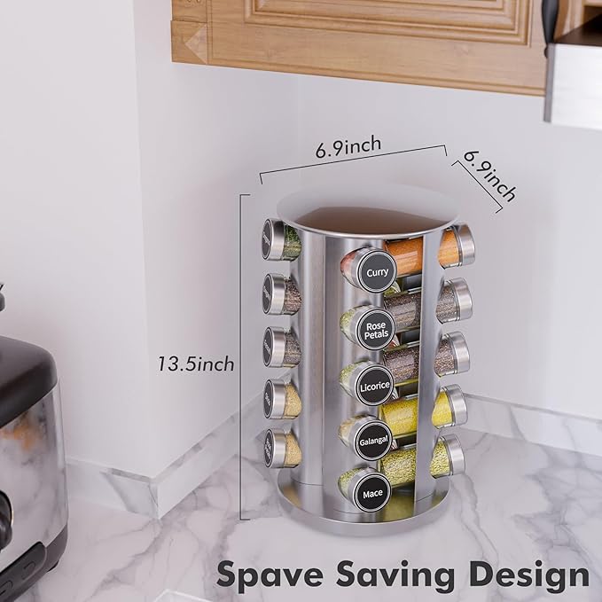 New England Stories Revolving Spice Rack Set with 20 Spice Jars, Kitchen Spice Tower Organizer for Countertop or Cabinet - Carousel Storage Includes 386 Spice Labels (Silver) - Image 4