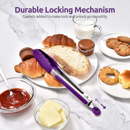 600ºF Heat Resistant Kitchen Tongs: U-Taste 9 inch Silicone Cooking Tong with Firm Sealed Non Stick Rubber Tips & Silicon Coated 18/8 Stainless Steel Handle & Smooth Locking for Serving Grill (Purple) - Image 7