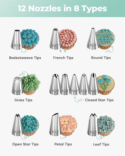 Kootek 71PCs Cake Decorating Kit, Baking Supplies Tools - Includes Cake Stand Turntable, 12 Icing Piping Tips Set, 2 Frosting Spatulas, 3 Scrapers, 50+2 Piping Bags, Coupler, Video Tutorial, Booklet - Image 2