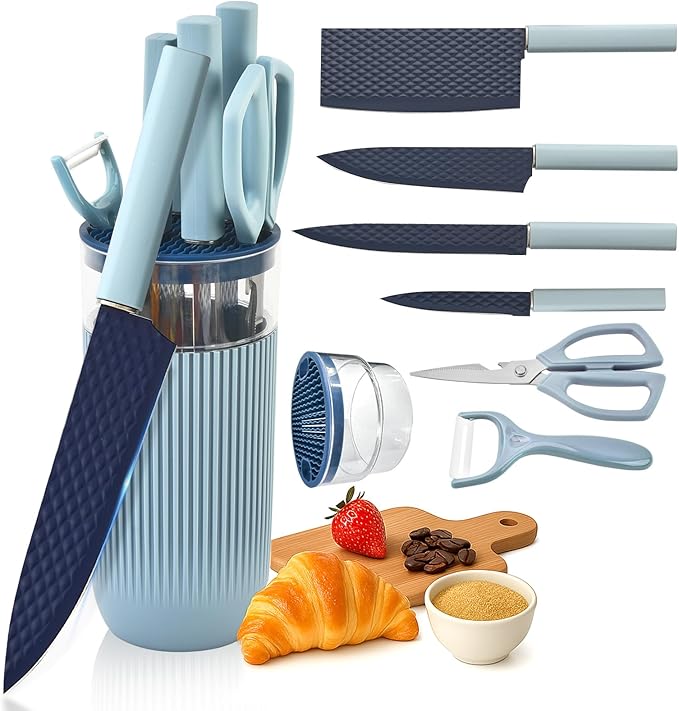 Knife Set, 7-Piece Kitchen Knife Set with Sharp Chef and Meat Knives, Anti-Rust Utility Knives Set for Kitchen, Kitchen Knife Block Set（Blue）