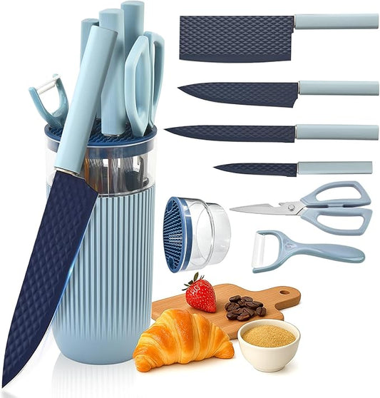 Knife Set, 7-Piece Kitchen Knife Set with Sharp Chef and Meat Knives, Anti-Rust Utility Knives Set for Kitchen, Kitchen Knife Block Set（Blue）