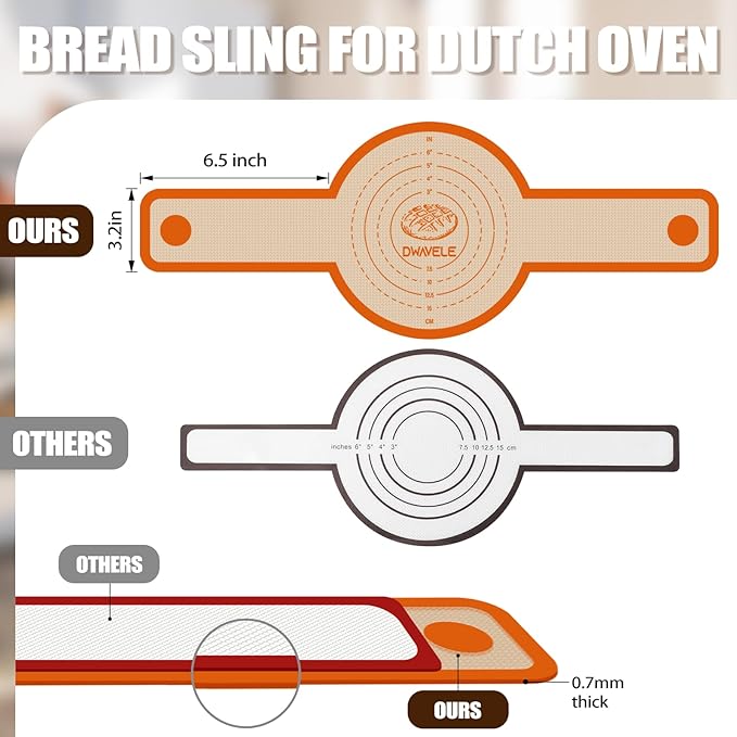 Silicone Bread Sling for Dutch Oven, Non-Stick & Easy to Clean Bread Baking Mat Set, 2 Pcs Reusable Bread Sling with Long Handle to Transfer Sourdough (Orange, Oval and Round) - Image 4