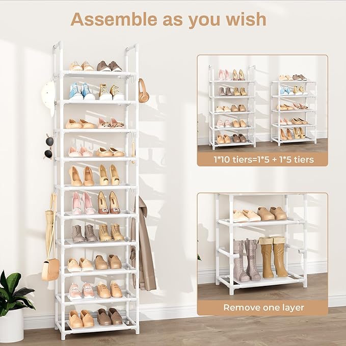 VTRIN 10 Tiers Tall Shoe Rack Holds 20-25 Pairs of Shoes Sturdy Vertical Shoe Organizer with 18pcs Hooks Stackable Narrow Shoe Rack for Closet, Entryway White - Image 5
