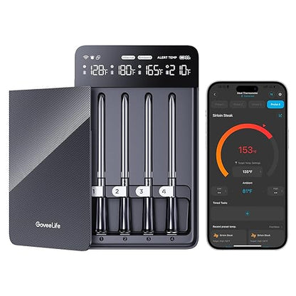 GoveeLife Bluetooth Wireless Meat Thermometer with 4 Probes, WiFi Unlimited Range, ±1.8℉ Accuracy, IP68 Waterproof Real Time Monitoring Digital Food Thermometer for Kitchen, BBQ, Grill, Oven, Smoker by GoveeLife