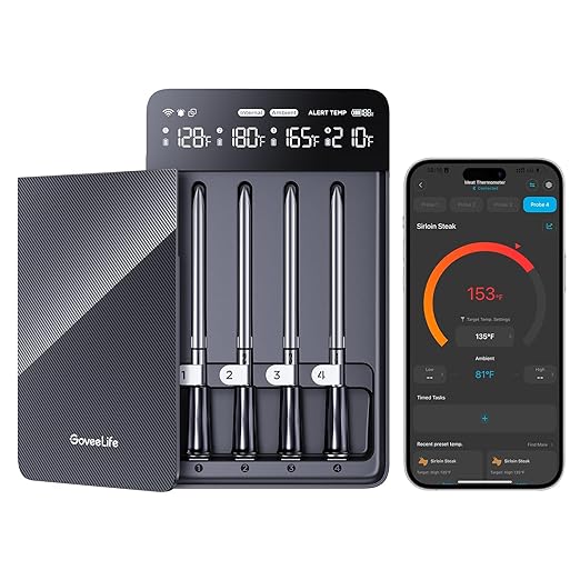 GoveeLife Bluetooth Wireless Meat Thermometer with 4 Probes, WiFi Unlimited Range, ±1.8℉ Accuracy, IP68 Waterproof Real Time Monitoring Digital Food Thermometer for Kitchen, BBQ, Grill, Oven, Smoker by GoveeLife
