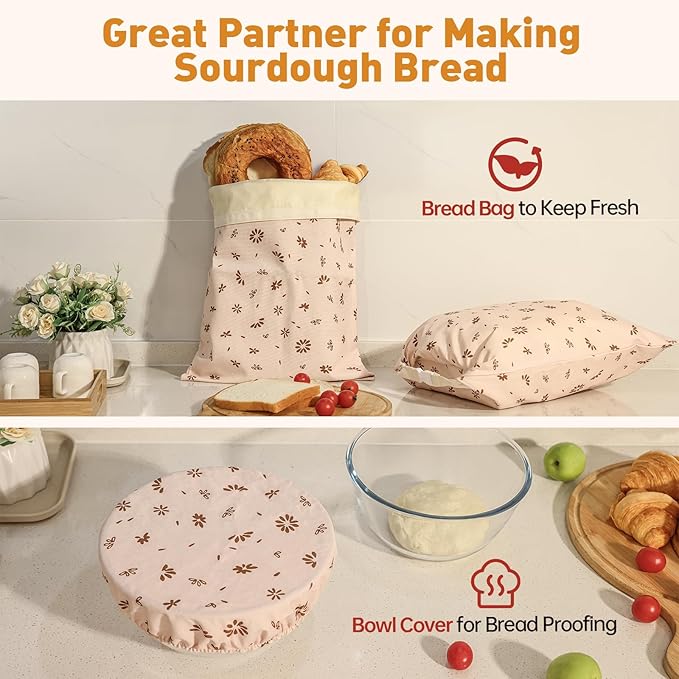 Tirphy 3 Pack Reusable Bread Bags and Bowl Cover Set, Beeswax Bread Bags for Sourdough, Homemade Bread Storage to Keep Loaf Fresh