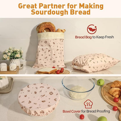 Tirphy 3 Pack Reusable Bread Bags and Bowl Cover Set, Beeswax Bread Bags for Sourdough, Homemade Bread Storage to Keep Loaf Fresh