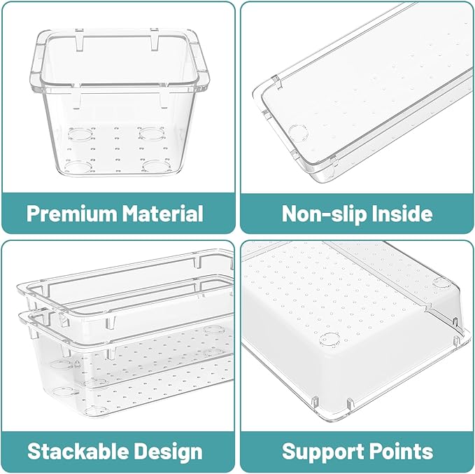 WOWBOX 16 PCS Clear Plastic Drawer Organizer Set, 4 Sizes Desk Drawer Organization and Storage Containers for Makeup, Cosmetics, Jewelry and Gadgets in Kitchen, Bathroom, Bedroom, Office, Clear - Image 2
