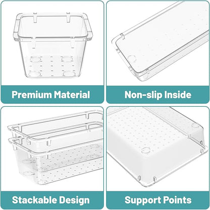 WOWBOX 16 PCS Clear Plastic Drawer Organizer Set, 4 Sizes Desk Drawer Organization and Storage Containers for Makeup, Cosmetics, Jewelry and Gadgets in Kitchen, Bathroom, Bedroom, Office, Clear - Image 2