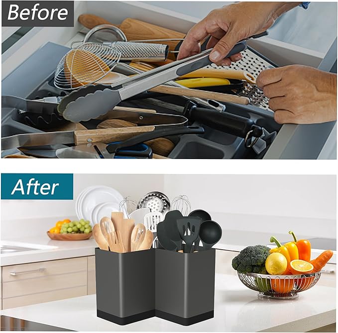 Suli Utensil holder, Kitchen Utensil Organizer for Corner Countertop,Extra Large Silverware Organizer with 3 Compartments,Farmhouse Decor, Iron, Grey - Image 3