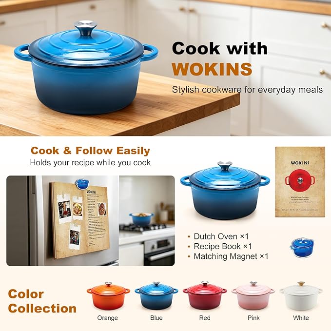 Enameled Cast Iron Dutch Oven - 7QT Pot with Lid,Oven Safe to 500°F,Heavy-Duty Cookware for Sourdough Bread Baking,Braising,Stews,Roasting blue - Image 2