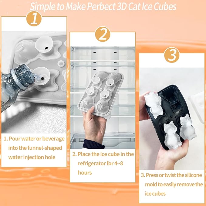 3D Cat Ice Cube Mold-JLMIH Fun Shapes Silicone Molds Tray with Funnel for Whiskey, Cocktail, Drink, Bar Gifts for Cat Lovers Women Men