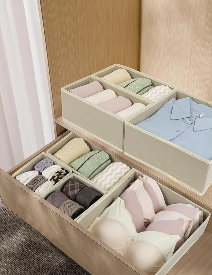 Fordonral 12 Pack Drawer Organizer Clothes, Foldable Fabric Dresser Organizer Closet Organizers and Storage Box for Underwear,Folded Clothes,Baby Clothing,Socks,Bra,Towels,Ties(12 Pack,Beige) - Image 6