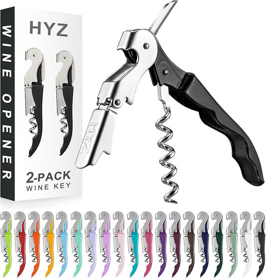 HYZ 2-Pack Wine Opener Waiter Corkscrew, Professional Wine Key for Servers, Bartender, with Foil Cutter, Manual Wine Bottle Opener Double Hinged (Black) by HYZ