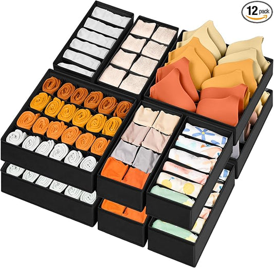 12 Pack Drawer Organizers, 116 Compartments Fabric Foldable Dresser Drawer Organizers for Clothing, Closet Organizers and Storage Bins for Clothes, Christmas Ornament Storage Boxes with Dividers by Criusia