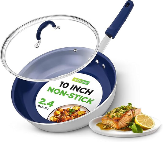 NutriChef 10'' Medium Fry Pan with Lid - Non-stick Pan with Silicone Handle, Ceramic Coating Inside