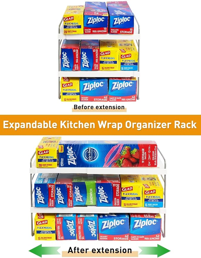 JUPELI Foil and Plastic Wrap Organizer, Expandable Kitchen Pantry Storage, Height Adjustable Cabinet Rack for Kitchen Organization, Aluminum Foil -3 Tier 9.8" to 15.6"L - Image 2