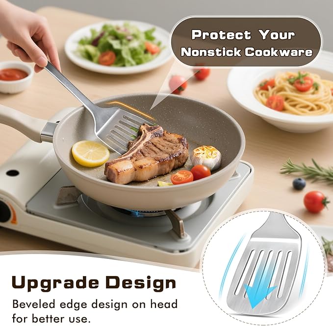 4 Pcs Cooking Utensils Set, Stainless Steel Kitchen Utensils, Heat Resistant Metal Kitchen Tools Include Solid & Slotted Turner Wok Spatula, Serving Spoon, Ergonomic Handle, Easy to Clean, Silver - Image 5
