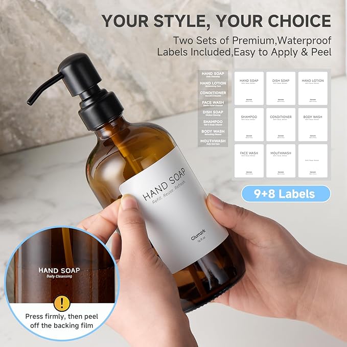 2 Pack Kitchen Soap Dispenser Set - 16oz Amber Glass Dish and Hand Soap Dispenser with Stainless Steel Pump, Instant Dry Tray, Dish Brush & Holder, Refillable Countertop Sink Decor for Kitchen & Bath - Image 4