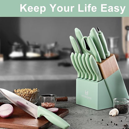 Green Knife Set, 15 Pcs Kitchen Knife Set with Block,High Carbon German Stainless Steel Knife Block Set, Hand wash Safe Knives Set