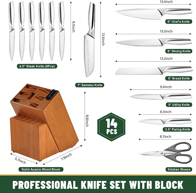 Knife Set, EWFEN 14-Piece Kitchen Knife Set with Block, German Stainless Steel Knives with Built-in Knife Sharpener, Anti-Slip Sharp Knives Set for Kitchen, Dishwasher Safe, Concave-dotted Handle - Image 2