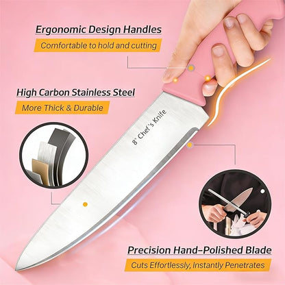 Knife Set, 6-Piece Kitchen Knife Set, German High Carbon Stainless Steel, Durable & Easy Clean Knife Block, Peach Pink - Image 3