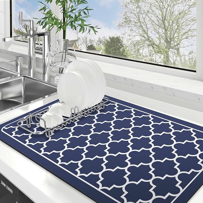WISELIFE Dish Drying Mat Super Absorbent Drying Mat Large Dish Drying Mats for Kitchen Counter Easy Clean Dish Mat Kitchen Drying Mat18"x 28" Stylish Blue by WiseLife