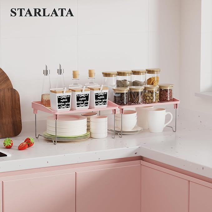 STARLATTA 2 Pcs Cabinet Organizer Shelf，Stackable Kitchen Counter Shelves, Spice Rack,Countertop Organizers，Pink Plastic Storage Shelves Rack for Makeup，Bathroom, Cupboard，Desk，Pantry Organization - Image 2