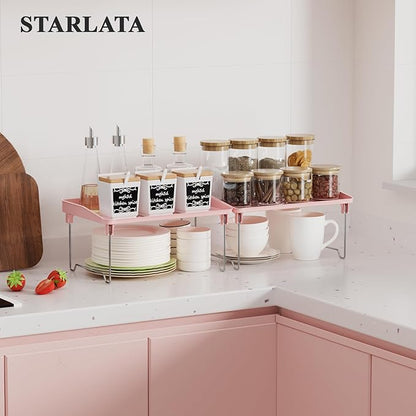 STARLATTA 2 Pcs Cabinet Organizer Shelf，Stackable Kitchen Counter Shelves, Spice Rack,Countertop Organizers，Pink Plastic Storage Shelves Rack for Makeup，Bathroom, Cupboard，Desk，Pantry Organization - Image 2