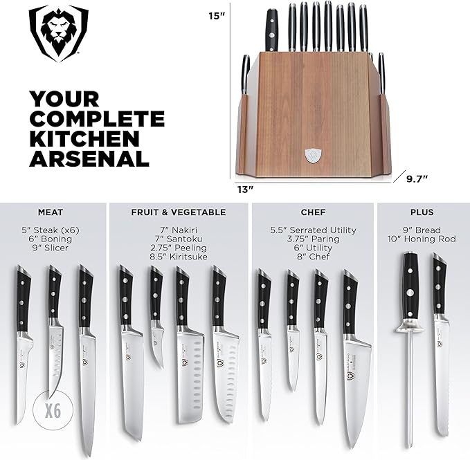 Dalstrong 18-Piece Gladiator Colossal Knife Block Set — German High-Carbon Steel, Full-Tang, Hand-Sharpened — For Home Chefs, Wedding Registries & Serious Kitchens — Acacia Wood Block, NSF Certified - Image 5
