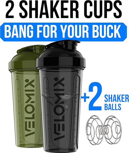VELOMIX -2 Pack- 28 oz Protein Shaker Bottles for Protein Mixes - 2x Wire Whisk | Leak Proof Shaker Cups for Protein Shakes and Pre Workout | Protein Shaker Bottle Pack (A9) Green/Black