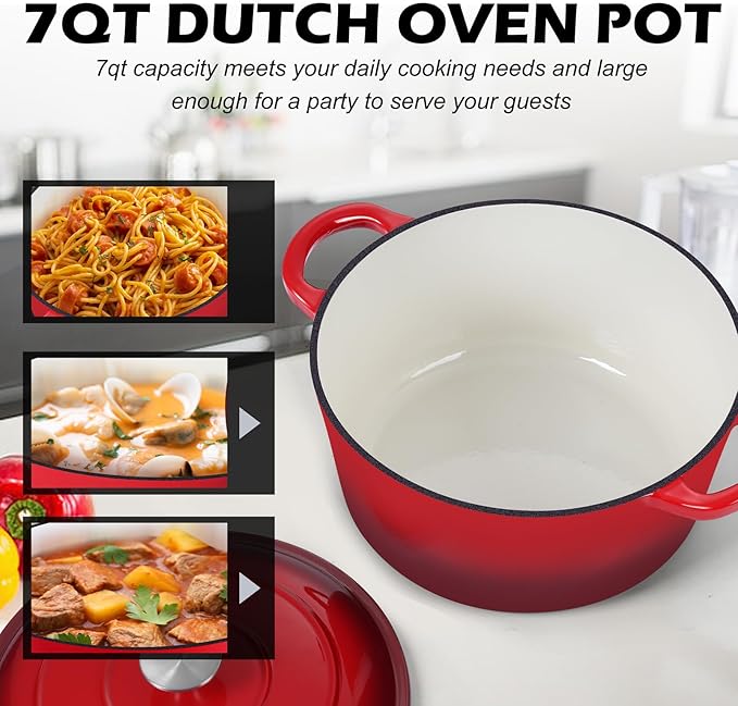 TeamFar Enameled Cast Iron Dutch Oven, 7qt Dutch Oven Pot Nonstick Cookware with Lid & Dual Handles for Bread Baking, Cooking, Oven Safe up to 500℉ & Various Stovetops, Healthy & Heavy Duty - Red - Image 6