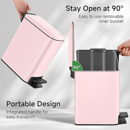 TIPGO Slim Bathroom Trash Can with Lid Soft Close, 6 Liter / 1.6 Gallon Stainless Steel Garbage with Removable Inner Bucket, Small Trash Bins for Bedroom, Office (Pink) - Image 4