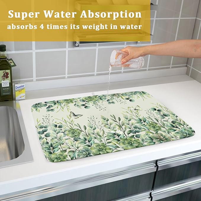Giwawa Spring Summer Leaf Dish Drying Mat for Countertop, 18"x24" Eucalyptus Leaves Butterfly Dish Drainer Mats, Sage Green Fast Dry Microfiber Large Dish Drying Pad Decoration