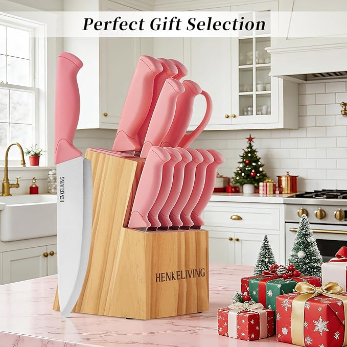 Knife Set, 14-Piece Kitchen Knives Set with Block, Built-in Sharpener, German High Carbon Stainless Steel, Ergonomic Non-Slip Handles, Peach Pink - Image 5