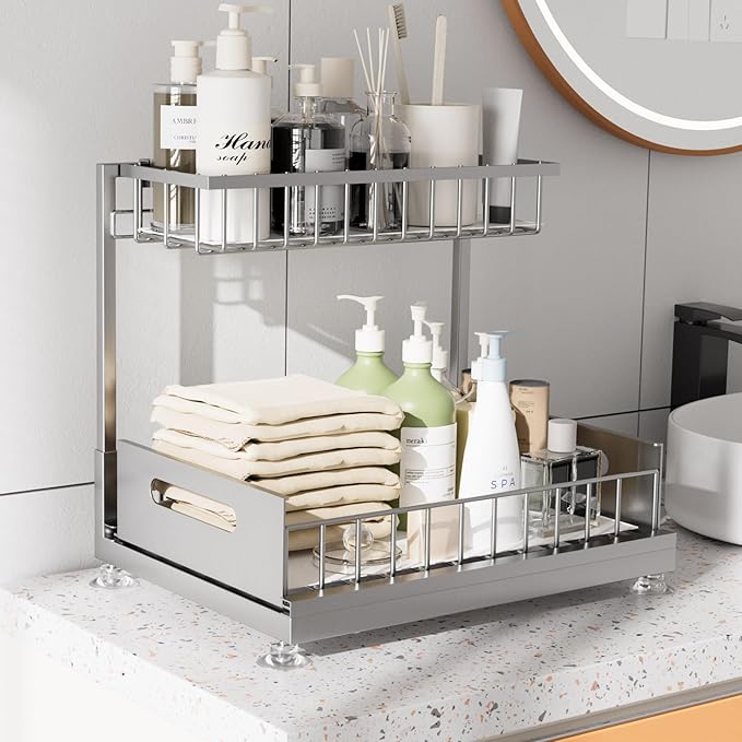 Saydear Under Sink Organizer Storage 2-Tier Premium Metal Pull-Out Kitchen Cabinet Organizer with Sliding Drawer, Height Adjustable, Heavy Duty for Kitchen & Bathroom Organizers 2 Pack Grey - Image 3