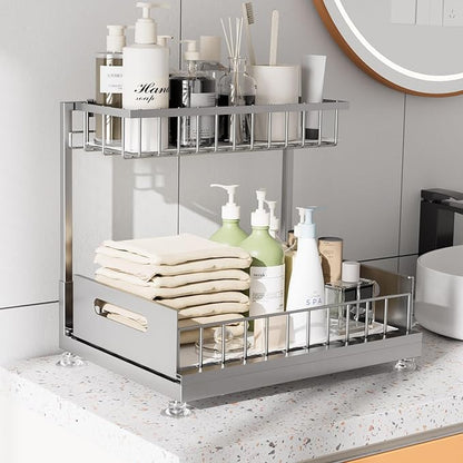 Saydear Under Sink Organizer Storage 2-Tier Premium Metal Pull-Out Kitchen Cabinet Organizer with Sliding Drawer, Height Adjustable, Heavy Duty for Kitchen & Bathroom Organizers 2 Pack Grey - Image 3
